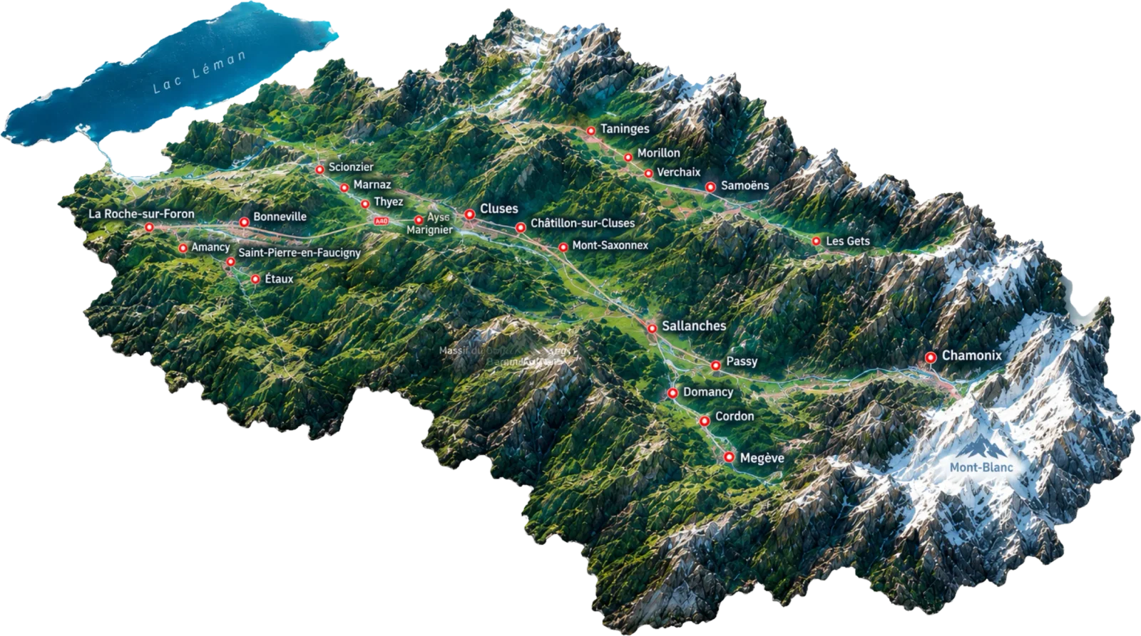 Carte des 30 communes desservies par Propelys Nettoyage autour de Cluses : vallée de l’Arve, Faucigny, Haut-Giffre, Sallanches, Chamonix, Megève et Mont-Blanc